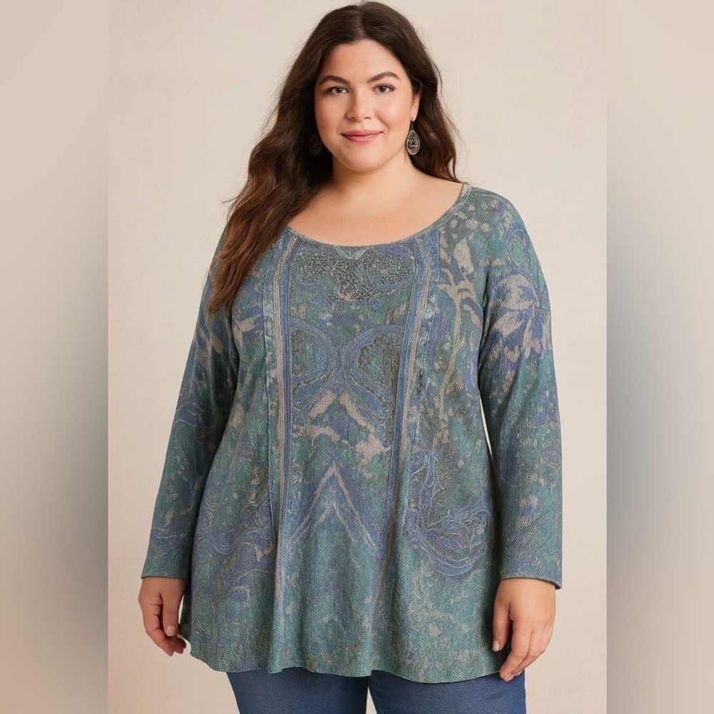One World Womens Top Blouse Gray Blue Long Sleeve Scoop Neck Rhinestone Size 1X